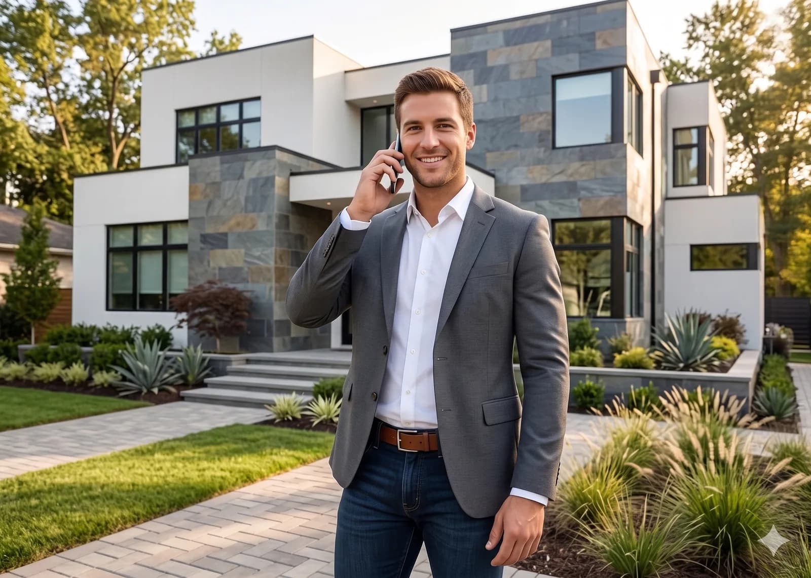 Real-estate agent on a phone call in front of a modern stone-and-white home with landscaped front yard